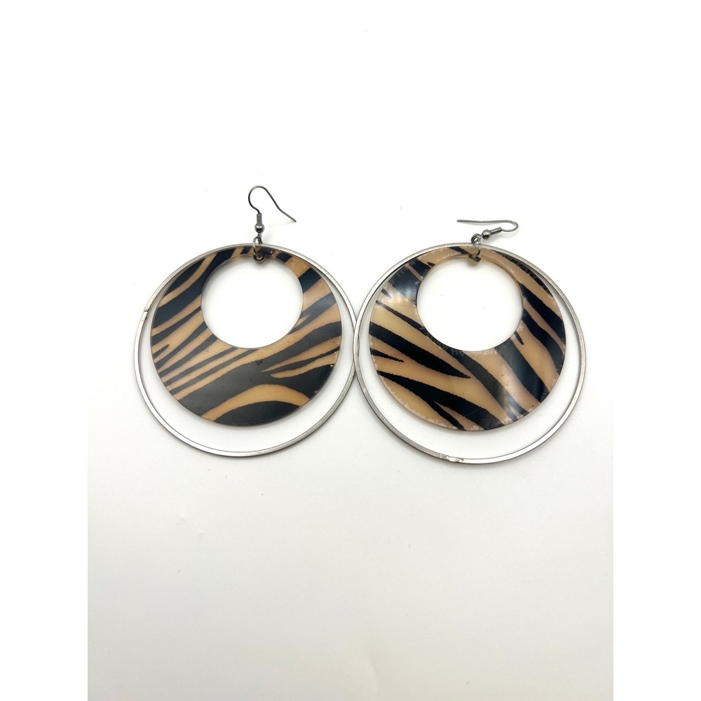 Y2K Silver Tone Tiger Print Double Hoop Dangle Earrings Animal Pattern Statement